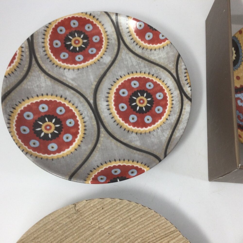Pier 1 Appetizer Ceramic Plates Set of 4 Multicolor Geometric Design with Box - Picture 5 of 6
